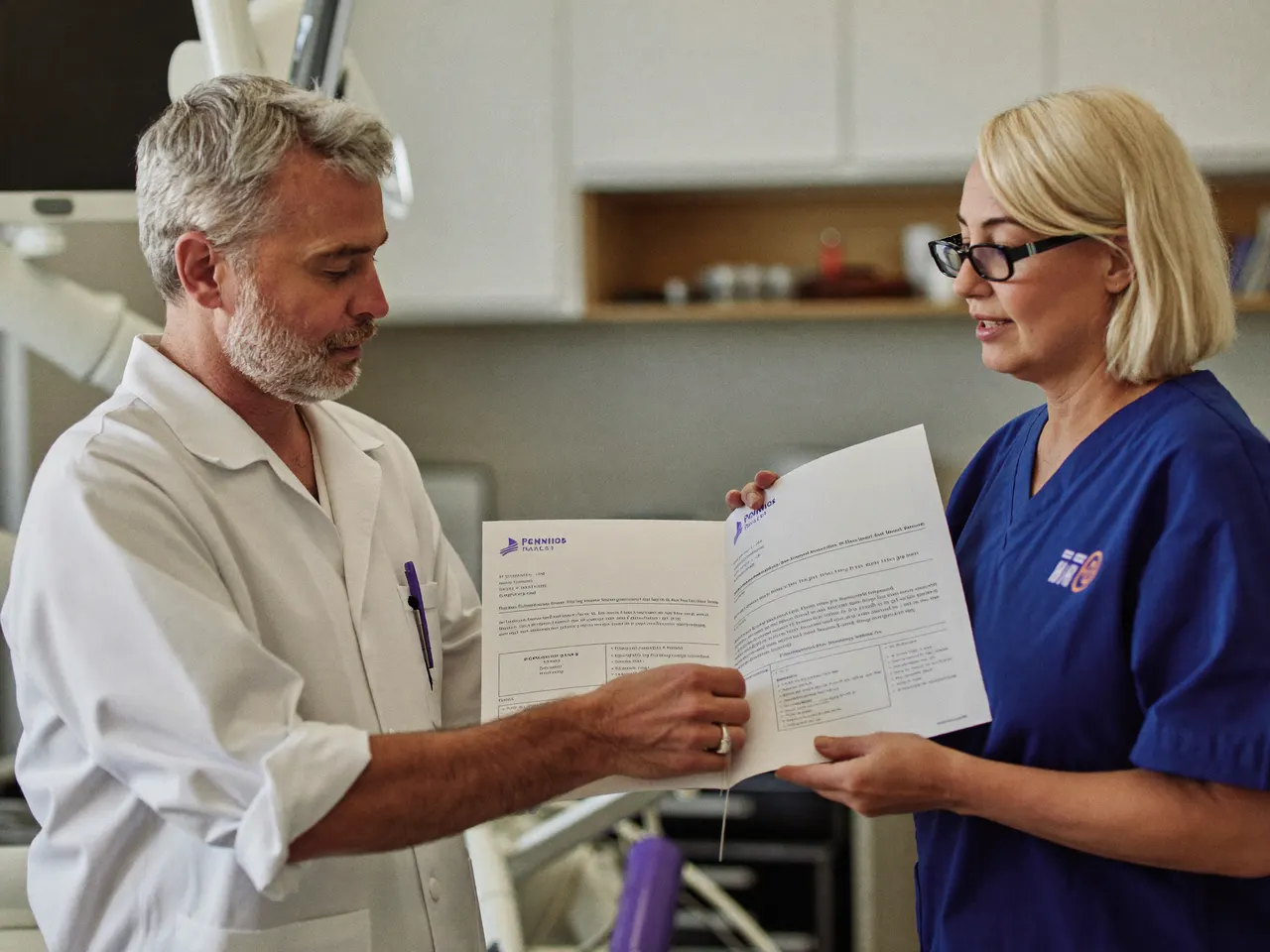 A dentist or practice manager reviewing credentialing and enrollment paperwork at the front desk