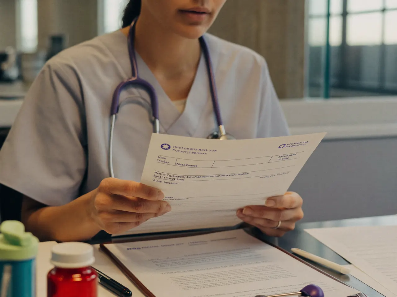 hero — a nurse practitioner reviewing enrollment paperwork at a clinic desk