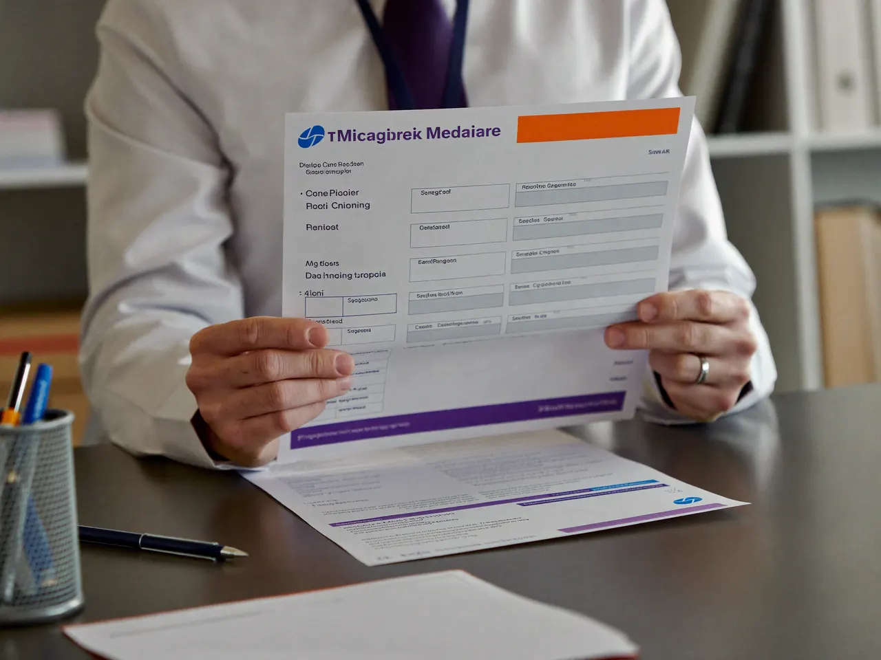 hero — a DME supplier or office manager reviewing Medicare enrollment paperwork at a desk