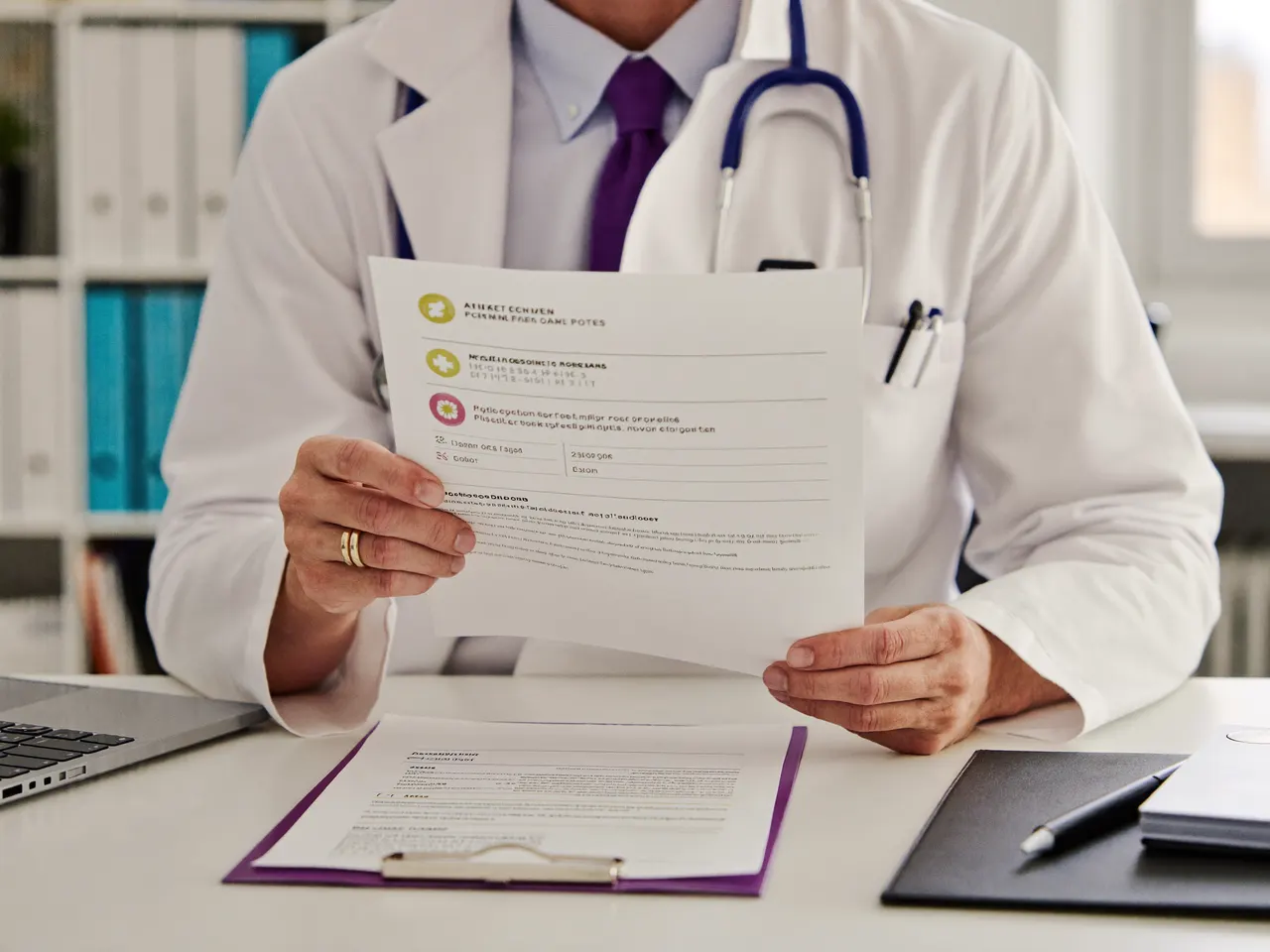 A physician reviewing credentialing and enrollment paperwork at a desk
