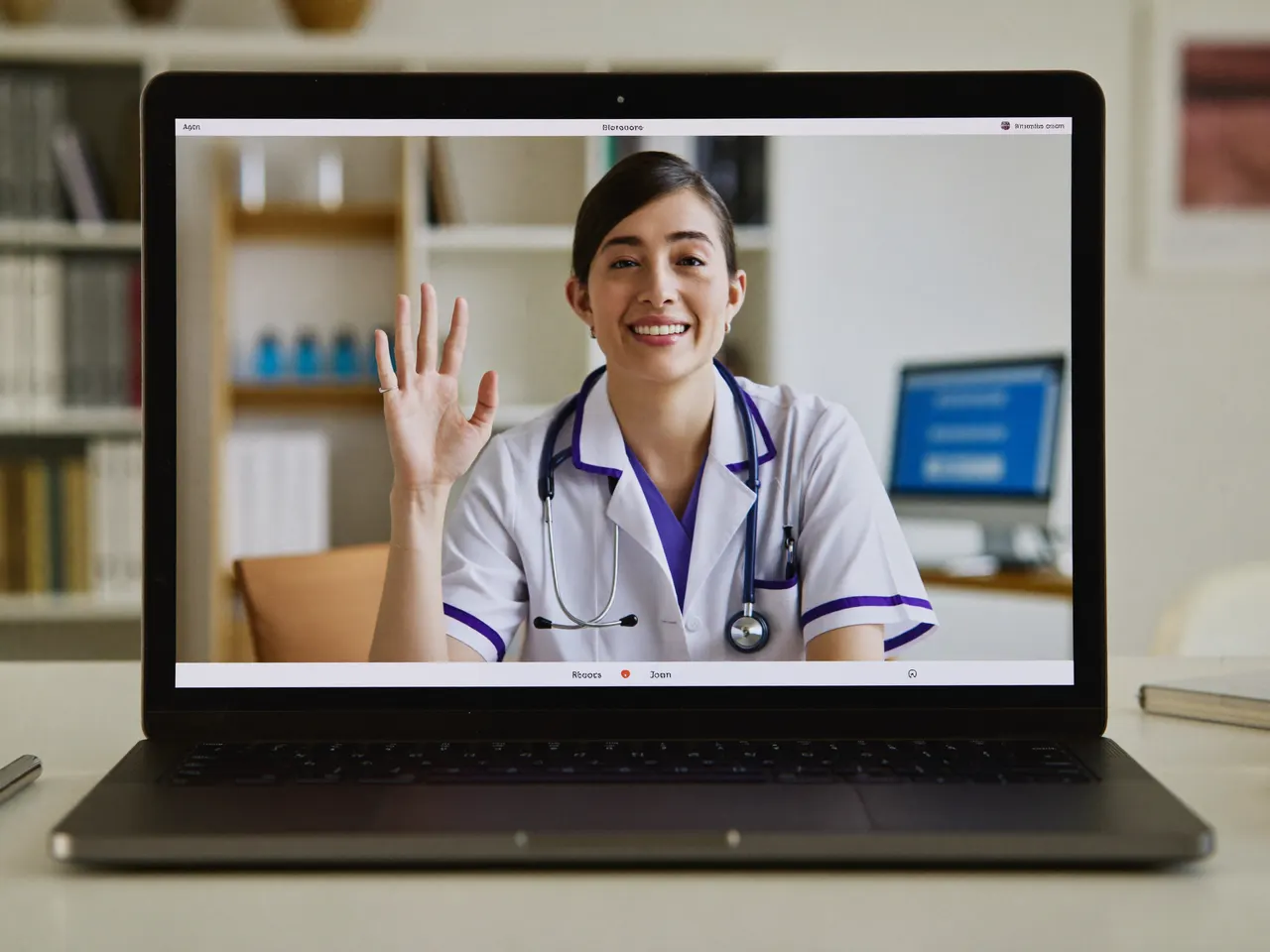 Clinician on a video visit with US state outlines behind them